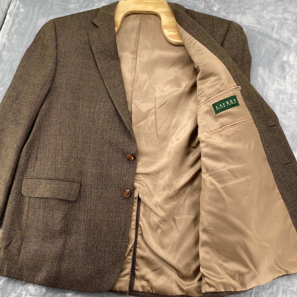 Lauren Ralph Lauren Blazer Mens 48R Brown Herringbone 100% Lambswool Sport Coat